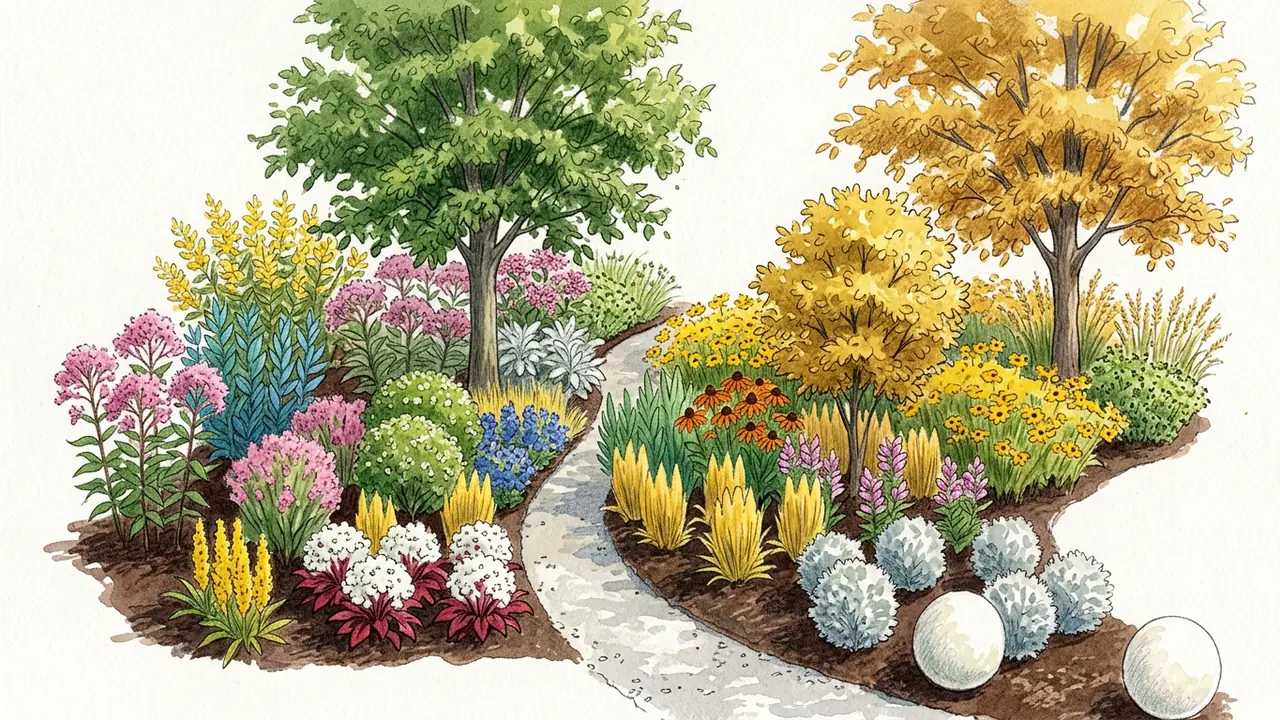 Hand-illustrated preview of the zone 7a native garden: a light stone path curving between two beds of colorful perennial drifts, under a green shade tree and a golden fall-color tree