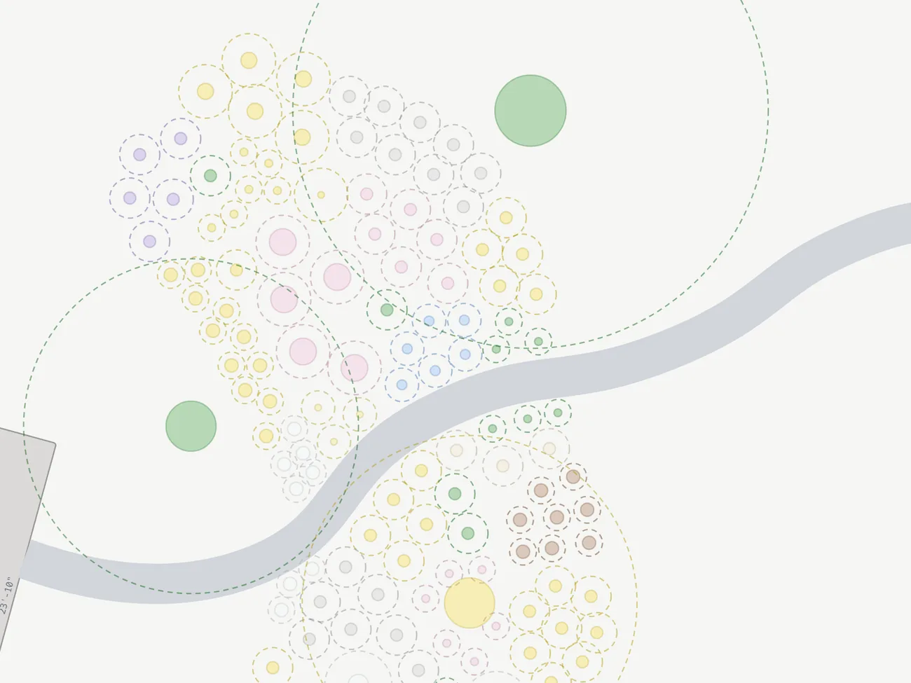 A Plantyd plan at year 1 with mature-size rings switched on. Each plant is drawn as a small solid dot inside a much larger dashed circle showing the footprint it will eventually occupy. The small perennial rings overlap into drifts while the two large tree rings sit just touching