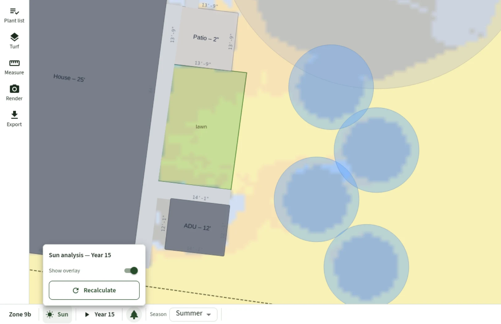 The Sun analysis panel open in the Plantyd editor, with a Show overlay toggle and a Recalculate button, plus the zone, growth-year, and Summer season controls along the bottom bar
